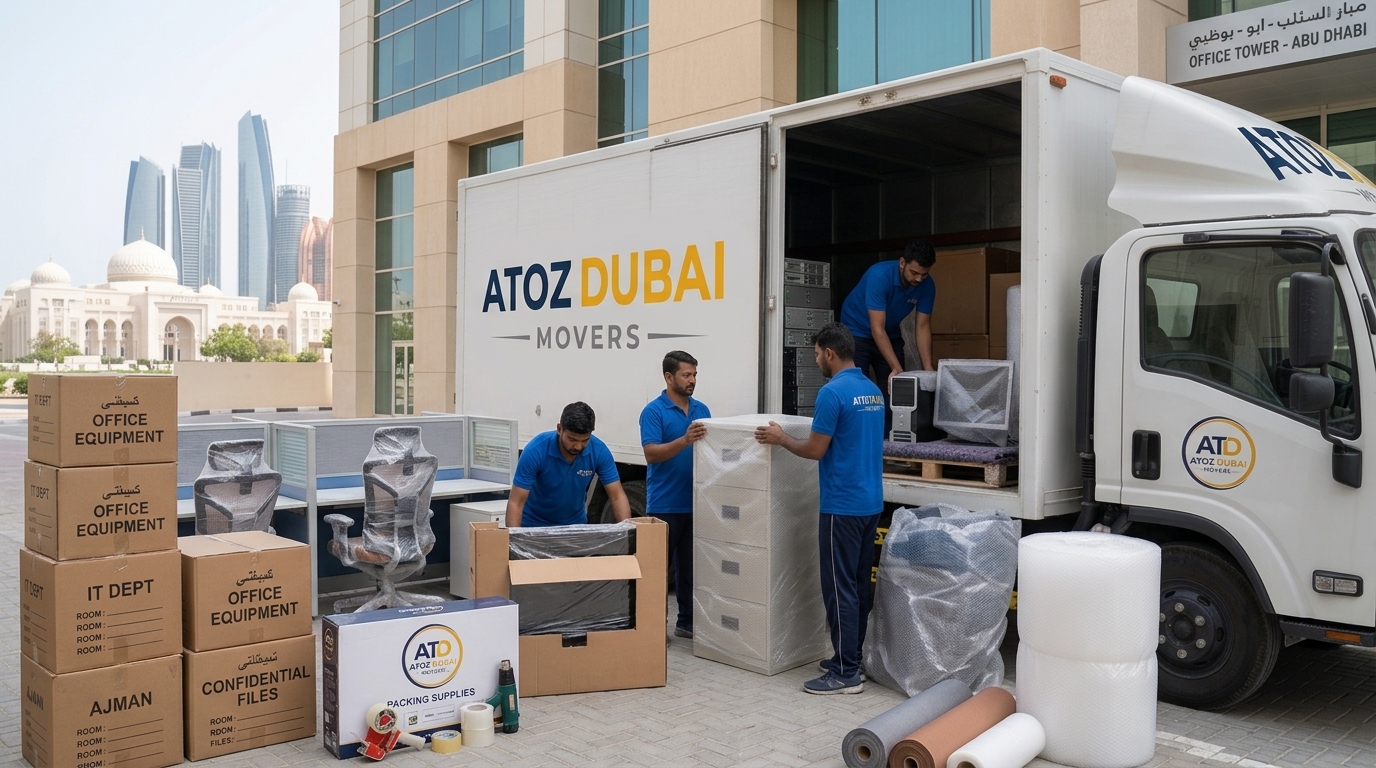 Office movers in Abu Dhabi packing workstations and computers
