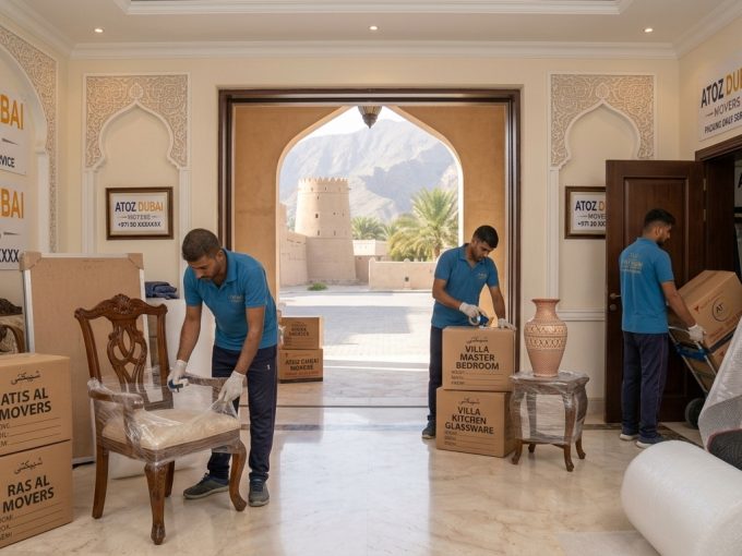 Movers and packers in Ras Al Khaimah packing villa boxes with bubble wrap, Home movers in RAK